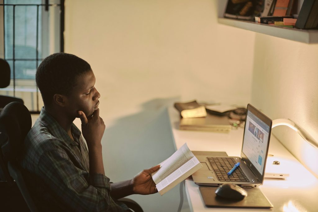 A man focused on a complex task in a noise-free environment